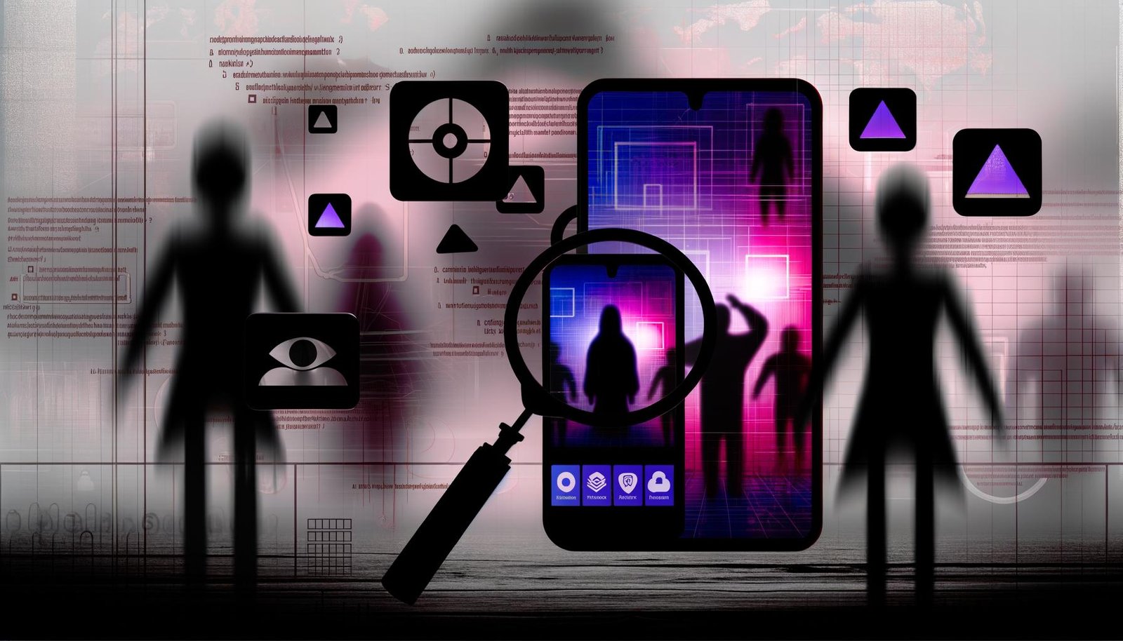 Düstere Illustration einer TikTok-App mit Algorithmen-Symbolen, Zensurbalken, tanzenden Silhouetten, Blackbox und Schattenfiguren mit Kontrollmonitor.