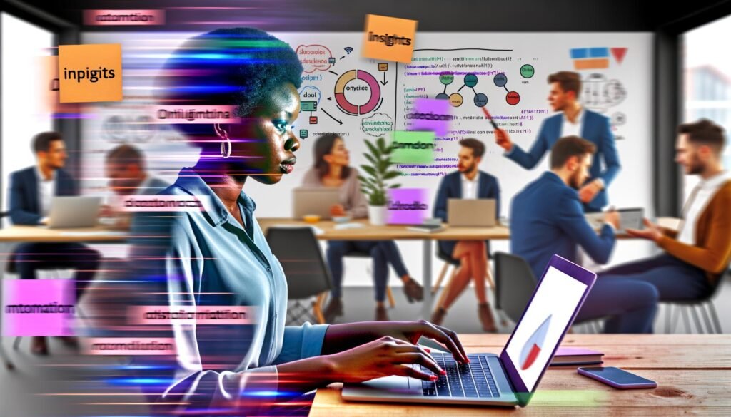 Online-Marketer im Großraumbüro arbeitet am Laptop mit Jupyter Notebook, umgeben von Whiteboard mit Datenflussdiagrammen, Kollegen und bunten Post-Its mit Marketingbegriffen.