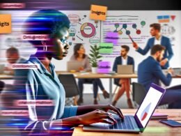 Online-Marketer im Großraumbüro arbeitet am Laptop mit Jupyter Notebook, umgeben von Whiteboard mit Datenflussdiagrammen, Kollegen und bunten Post-Its mit Marketingbegriffen.