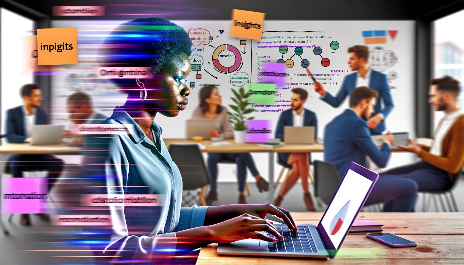 Online-Marketer im Großraumbüro arbeitet am Laptop mit Jupyter Notebook, umgeben von Whiteboard mit Datenflussdiagrammen, Kollegen und bunten Post-Its mit Marketingbegriffen.