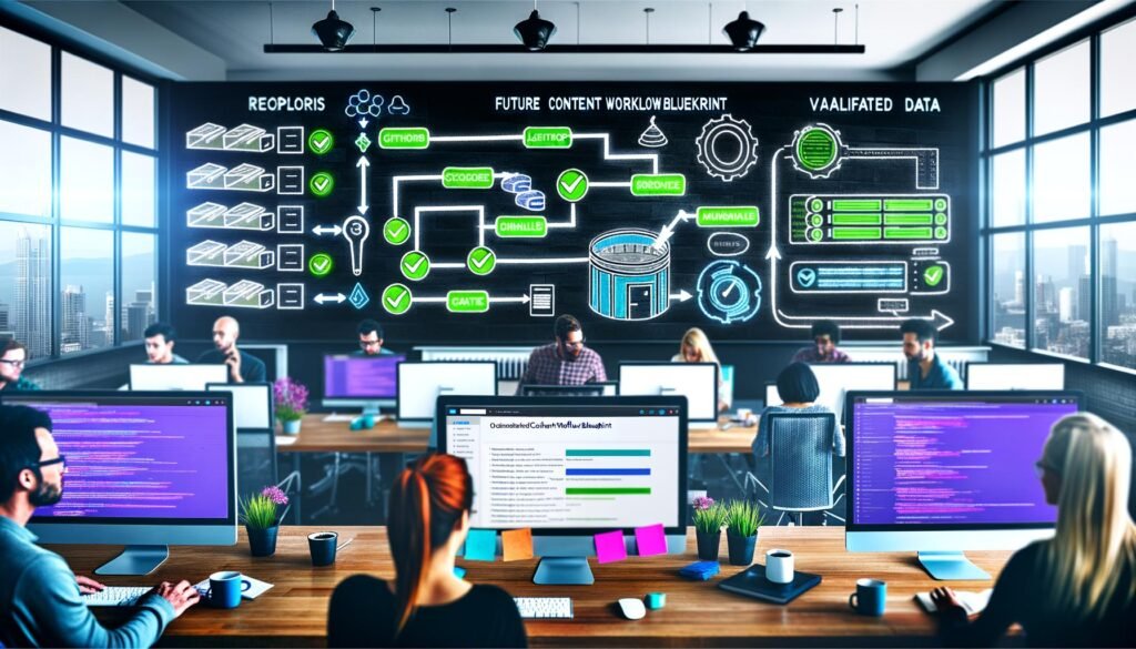 Moderner Büroarbeitsplatz mit Team, drei Monitoren mit GitHub Repository, Automatisierungspipeline und SEO-Dashboard im Einsatz.