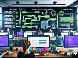 Moderner Büroarbeitsplatz mit Team, drei Monitoren mit GitHub Repository, Automatisierungspipeline und SEO-Dashboard im Einsatz.