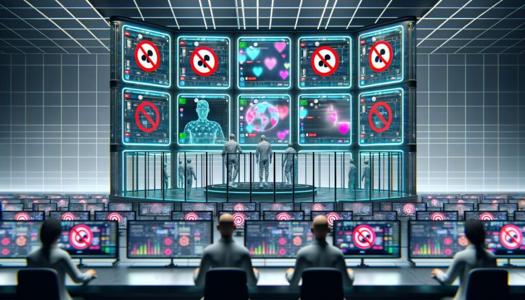 Modernes Kontrollzentrum mit Monitoren zur TikTok-Analyse, menschlichen Operatoren in Glaskabinen, KI-Symbolen und Social-Media-Experte umgeben von Zensurwarnungen und Shadowban-Hinweisen.