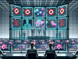 Modernes Kontrollzentrum mit Monitoren zur TikTok-Analyse, menschlichen Operatoren in Glaskabinen, KI-Symbolen und Social-Media-Experte umgeben von Zensurwarnungen und Shadowban-Hinweisen.