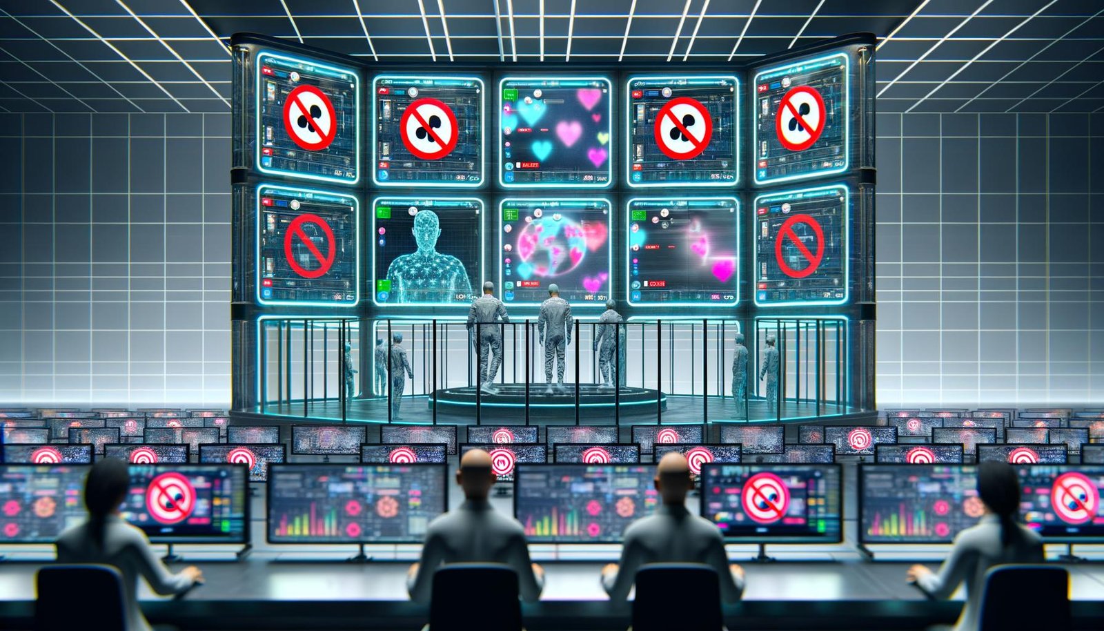 Modernes Kontrollzentrum mit Monitoren zur TikTok-Analyse, menschlichen Operatoren in Glaskabinen, KI-Symbolen und Social-Media-Experte umgeben von Zensurwarnungen und Shadowban-Hinweisen.
