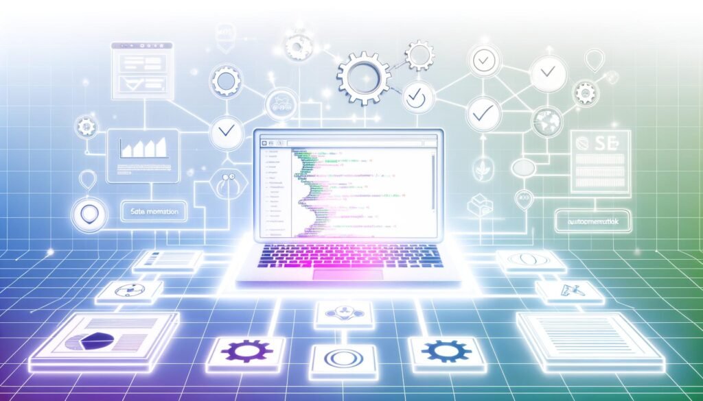 Zeitgemäße Illustration eines digitalen Publishing-Workflows mit Laptop, GitHub Pages, Automatisierungs- und SEO-Symbolen sowie verblassten klassischen CMS im Hintergrund.