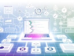 Zeitgemäße Illustration eines digitalen Publishing-Workflows mit Laptop, GitHub Pages, Automatisierungs- und SEO-Symbolen sowie verblassten klassischen CMS im Hintergrund.