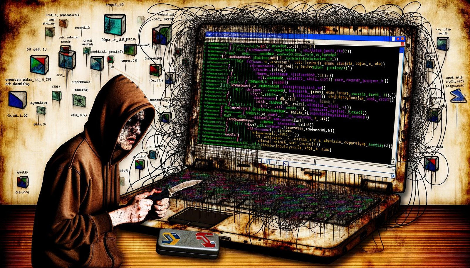 Digitale Illustration eines chaotischen Jupyter Notebooks auf einem alten Laptop, mit zu vielen Codezellen und schwebenden veralteten Bibliotheken, dazu ein verzweifelter Data Analyst.