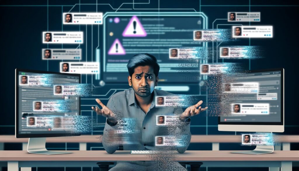 Social-Media-Experte im modernen Büro vor Monitoren mit verblassenden TikTok-Kommentaren, digitalen Warnsymbolen und algorithmischen Effekten.