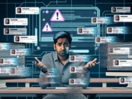 Social-Media-Experte im modernen Büro vor Monitoren mit verblassenden TikTok-Kommentaren, digitalen Warnsymbolen und algorithmischen Effekten.