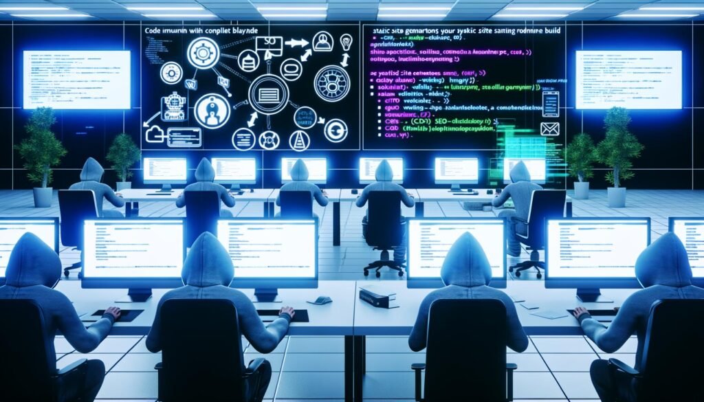 Futuristisches Open-Space-Büro mit Entwickler:innen in Hoodies, Monitoren mit Build-Prozessen, Whiteboards voller Workflow-Skizzen und einer digitalen Infografik zu GitHub, Static Site Generatoren, CI/CD und SEO über einem beleuchteten Tisch.