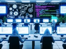 Futuristisches Open-Space-Büro mit Entwickler:innen in Hoodies, Monitoren mit Build-Prozessen, Whiteboards voller Workflow-Skizzen und einer digitalen Infografik zu GitHub, Static Site Generatoren, CI/CD und SEO über einem beleuchteten Tisch.