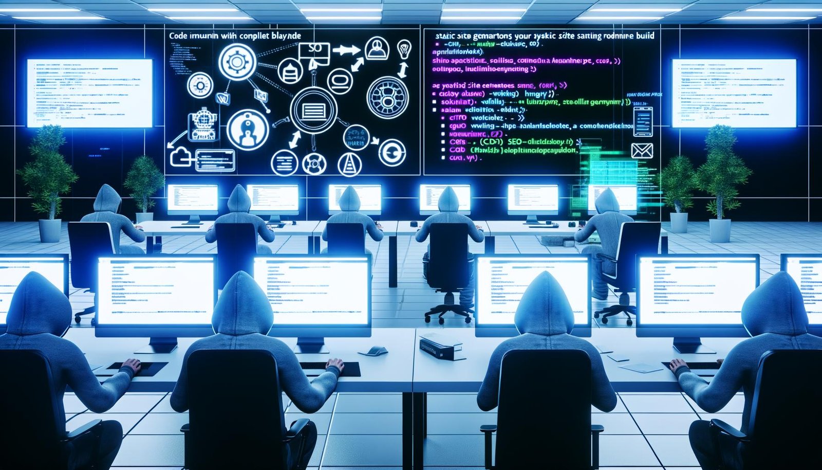 Futuristisches Open-Space-Büro mit Entwickler:innen in Hoodies, Monitoren mit Build-Prozessen, Whiteboards voller Workflow-Skizzen und einer digitalen Infografik zu GitHub, Static Site Generatoren, CI/CD und SEO über einem beleuchteten Tisch.