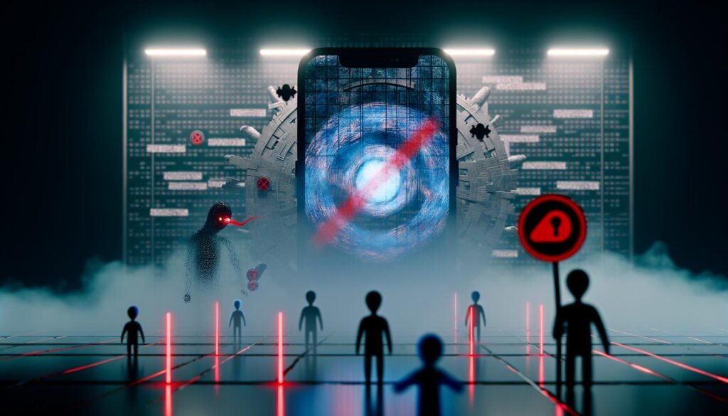 Surreale Szene: Großes Smartphone mit TikTok-App, roten Zensurbalken und zerbrochenem Display, im Hintergrund digitale Schattenfiguren und Datenströme, darüber ein strahlender Algorithmus als Zahnrad, mit Symbolen für gesperrte Inhalte in kühlen Farbtönen.