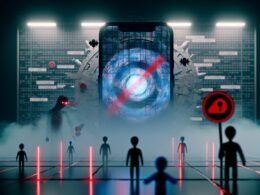 Surreale Szene: Großes Smartphone mit TikTok-App, roten Zensurbalken und zerbrochenem Display, im Hintergrund digitale Schattenfiguren und Datenströme, darüber ein strahlender Algorithmus als Zahnrad, mit Symbolen für gesperrte Inhalte in kühlen Farbtönen.