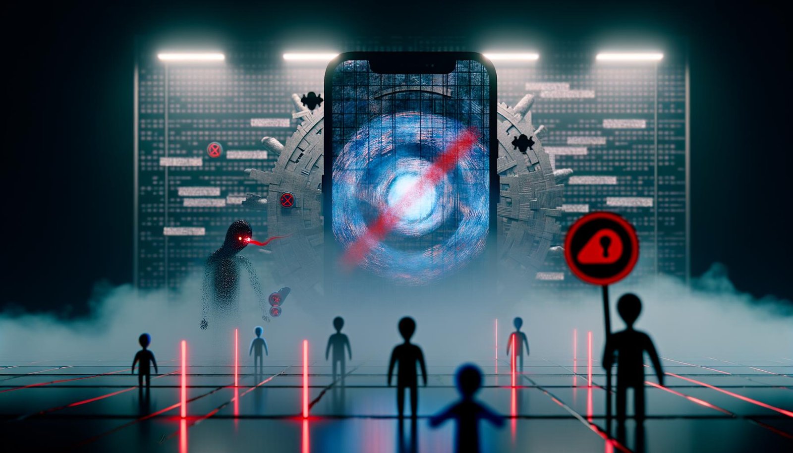 Surreale Szene: Großes Smartphone mit TikTok-App, roten Zensurbalken und zerbrochenem Display, im Hintergrund digitale Schattenfiguren und Datenströme, darüber ein strahlender Algorithmus als Zahnrad, mit Symbolen für gesperrte Inhalte in kühlen Farbtönen.