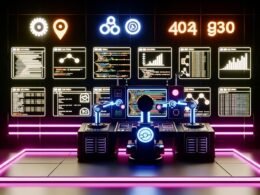 Futuristischer Maschinenraum mit Neonlicht, Bildschirmen für Workflows und Code, Roboterarm am Publishing-Button, Dashboard für SEO und Traffic-Statistiken, und Logos von Entwickler-Tools an der Wand.