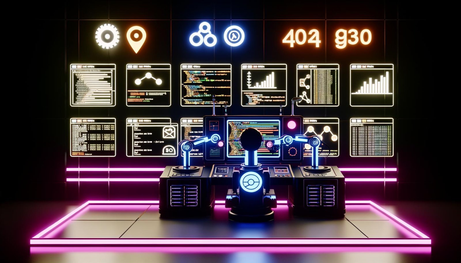 Futuristischer Maschinenraum mit Neonlicht, Bildschirmen für Workflows und Code, Roboterarm am Publishing-Button, Dashboard für SEO und Traffic-Statistiken, und Logos von Entwickler-Tools an der Wand.