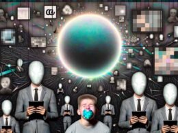 Surreale Collage mit zentralem TikTok-Logo, anonymen Moderatoren, gesichtslosen KIs und einem jungen Creator, der durch digitale Fesseln zum Schweigen gebracht wird