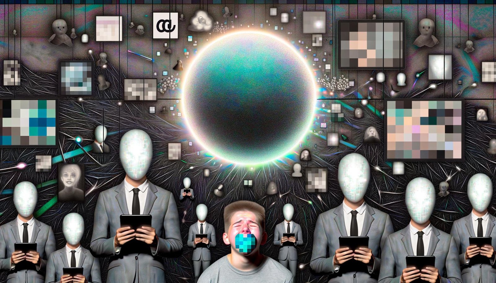 Surreale Collage mit zentralem TikTok-Logo, anonymen Moderatoren, gesichtslosen KIs und einem jungen Creator, der durch digitale Fesseln zum Schweigen gebracht wird