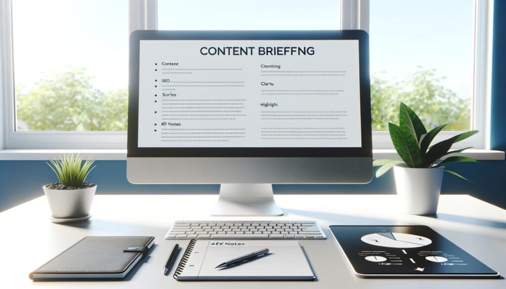 Moderner Schreibtisch mit Monitor, Tastatur, Notizblock, sichtbarem Content Briefing, SEO-Notizen und Handy mit KPI-Diagramm in heller, motivierender Umgebung.