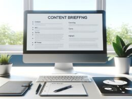 Moderner Schreibtisch mit Monitor, Tastatur, Notizblock, sichtbarem Content Briefing, SEO-Notizen und Handy mit KPI-Diagramm in heller, motivierender Umgebung.