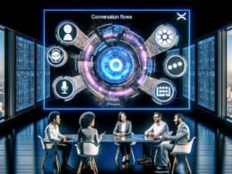 Futuristischer Arbeitsplatz mit diversen Profis, die an einem großen Voice-Interface-Dashboard arbeiten, im Hintergrund leuchtende Alexa-, Google Assistant- und Siri-Symbole, Hightech-Bildschirme und innovative Atmosphäre.