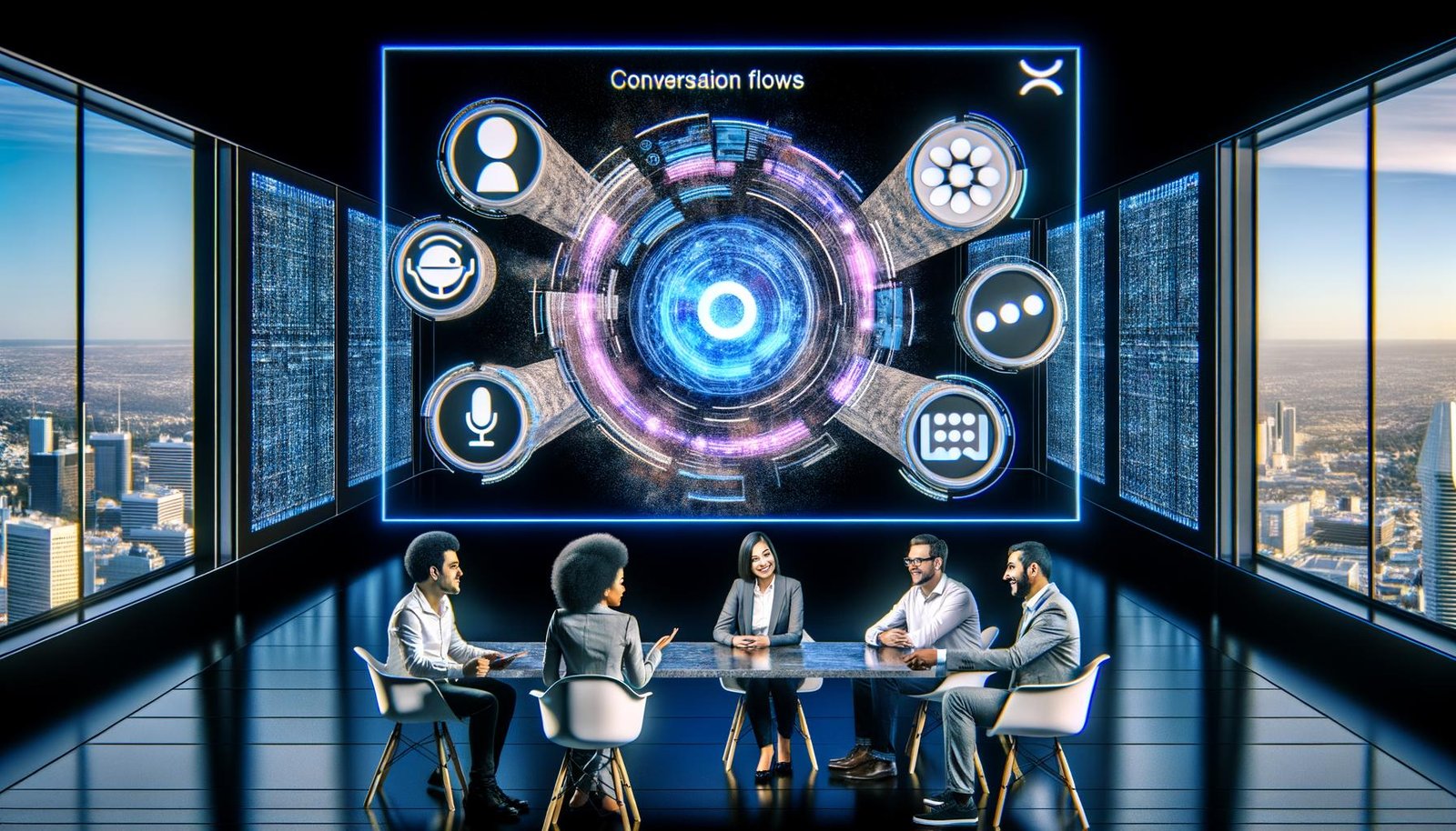 Futuristischer Arbeitsplatz mit diversen Profis, die an einem großen Voice-Interface-Dashboard arbeiten, im Hintergrund leuchtende Alexa-, Google Assistant- und Siri-Symbole, Hightech-Bildschirme und innovative Atmosphäre.