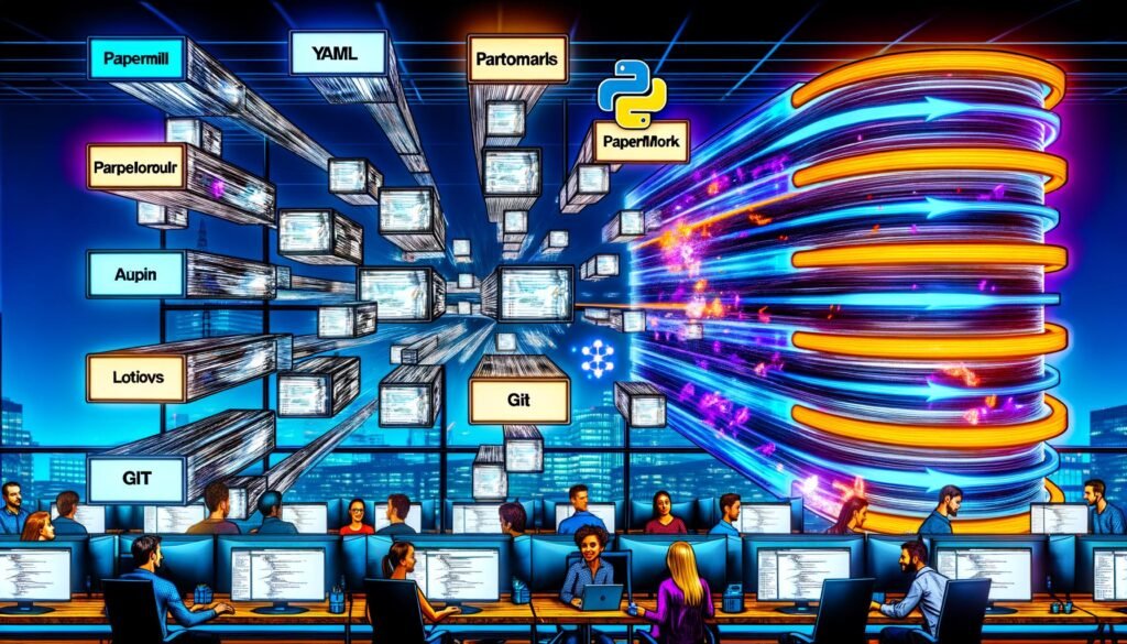 Dynamisch illustrierte Szene eines modernen Data Science Teams, das im High-Tech Büro an verbundenen Jupyter Notebooks und einer automatisierten Pipeline mit Tools zur Versionierung und Überwachung arbeitet.