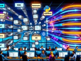 Dynamisch illustrierte Szene eines modernen Data Science Teams, das im High-Tech Büro an verbundenen Jupyter Notebooks und einer automatisierten Pipeline mit Tools zur Versionierung und Überwachung arbeitet.