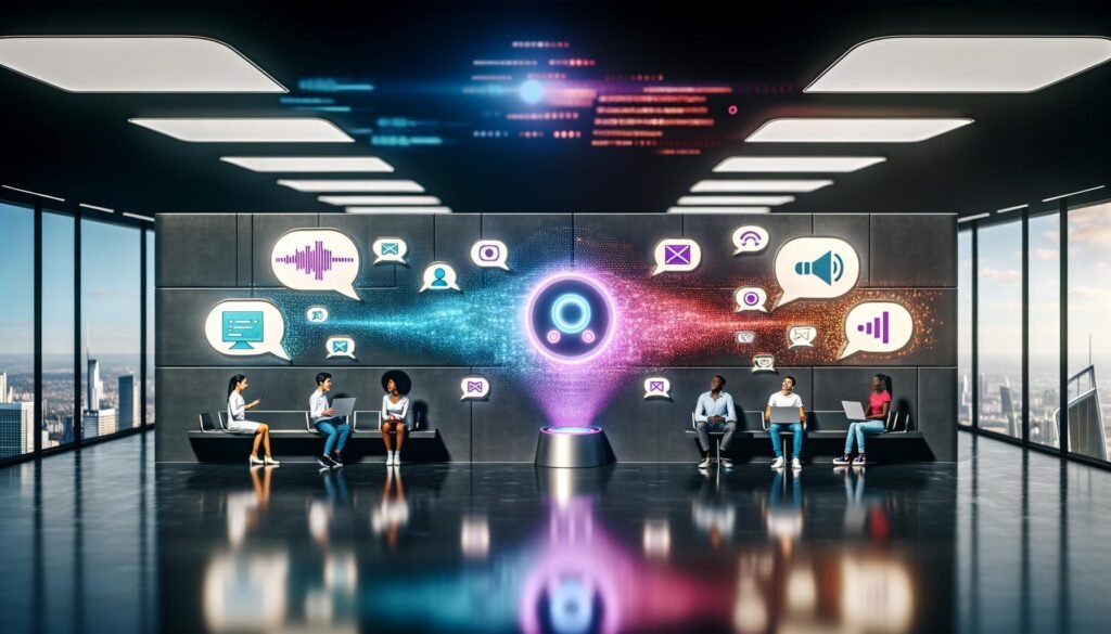 Futuristisches Office mit abstrahierter, leuchtender Figur als Marke, die mit einer diversen Gruppe Menschen über Smartphones, Lautsprecher und Laptops spricht. Digitale Datenströme und Audiosymbole schweben in der Szene, KI- und Hologramm-Elemente betonen die Voice-Kommunikation der Zukunft.