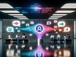 Futuristisches Office mit abstrahierter, leuchtender Figur als Marke, die mit einer diversen Gruppe Menschen über Smartphones, Lautsprecher und Laptops spricht. Digitale Datenströme und Audiosymbole schweben in der Szene, KI- und Hologramm-Elemente betonen die Voice-Kommunikation der Zukunft.