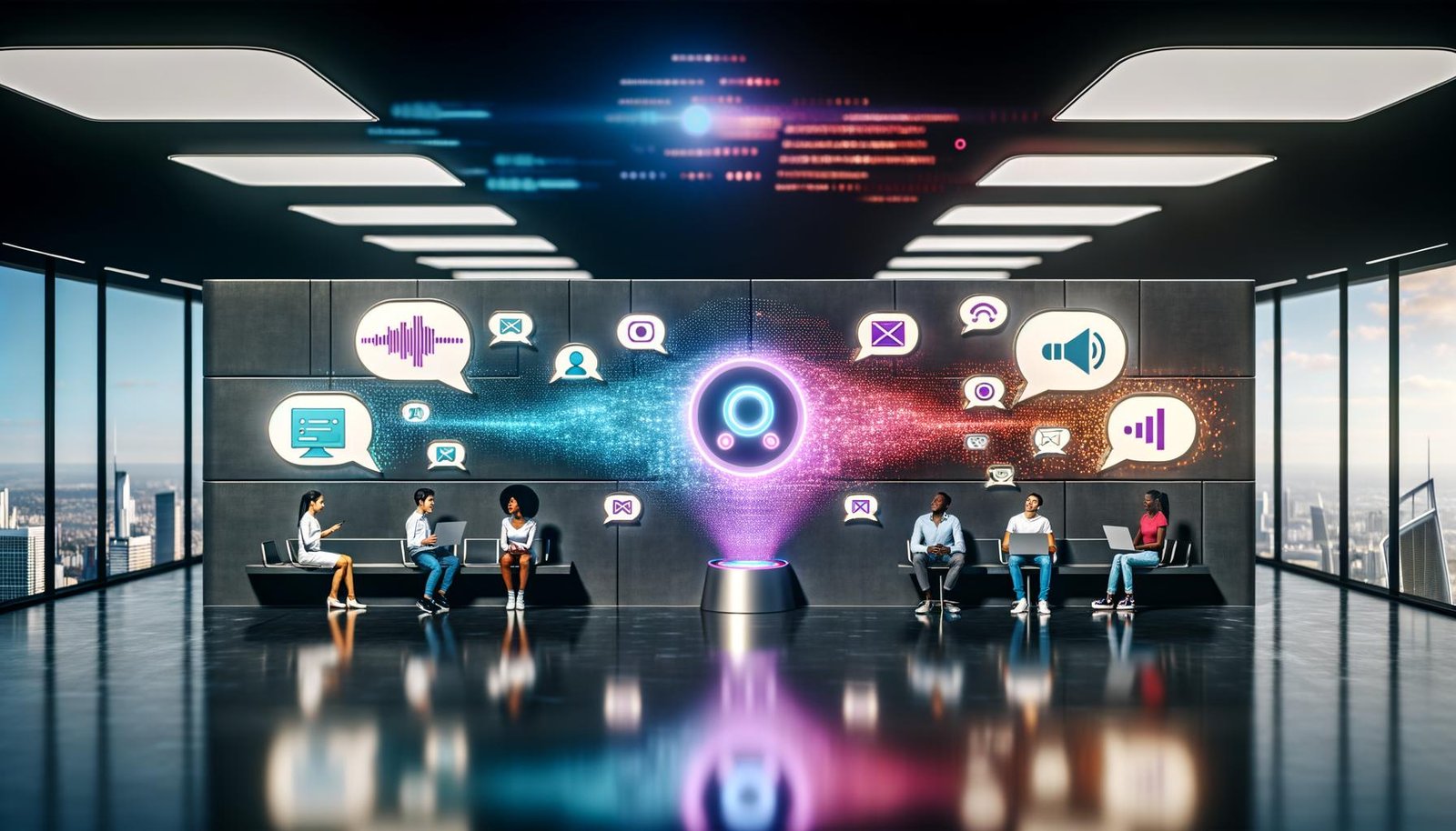 Futuristisches Office mit abstrahierter, leuchtender Figur als Marke, die mit einer diversen Gruppe Menschen über Smartphones, Lautsprecher und Laptops spricht. Digitale Datenströme und Audiosymbole schweben in der Szene, KI- und Hologramm-Elemente betonen die Voice-Kommunikation der Zukunft.