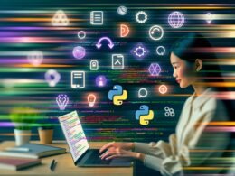 Junge:r Data Scientist arbeitet an einem modernen Laptop mit offenem Jupyter Notebook, farbigen Visualisierungen und klaren Python-Codes. Im Hintergrund verschwimmen Excel und PowerPoint, umgeben von Icons für Jupyter, Python, R und JupyterLab.