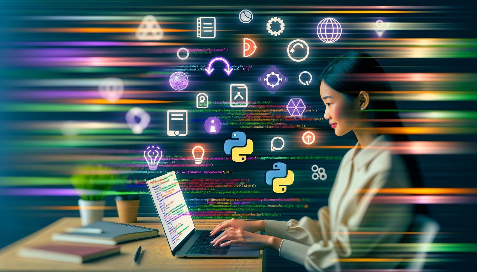 Junge:r Data Scientist arbeitet an einem modernen Laptop mit offenem Jupyter Notebook, farbigen Visualisierungen und klaren Python-Codes. Im Hintergrund verschwimmen Excel und PowerPoint, umgeben von Icons für Jupyter, Python, R und JupyterLab.