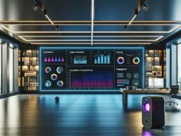 Modernes Dashboard zeigt Voice Analytics-Daten auf einem großen Bildschirm in einem dunklen Tech-Arbeitsbereich mit Smart Speakern und einem Laptop.