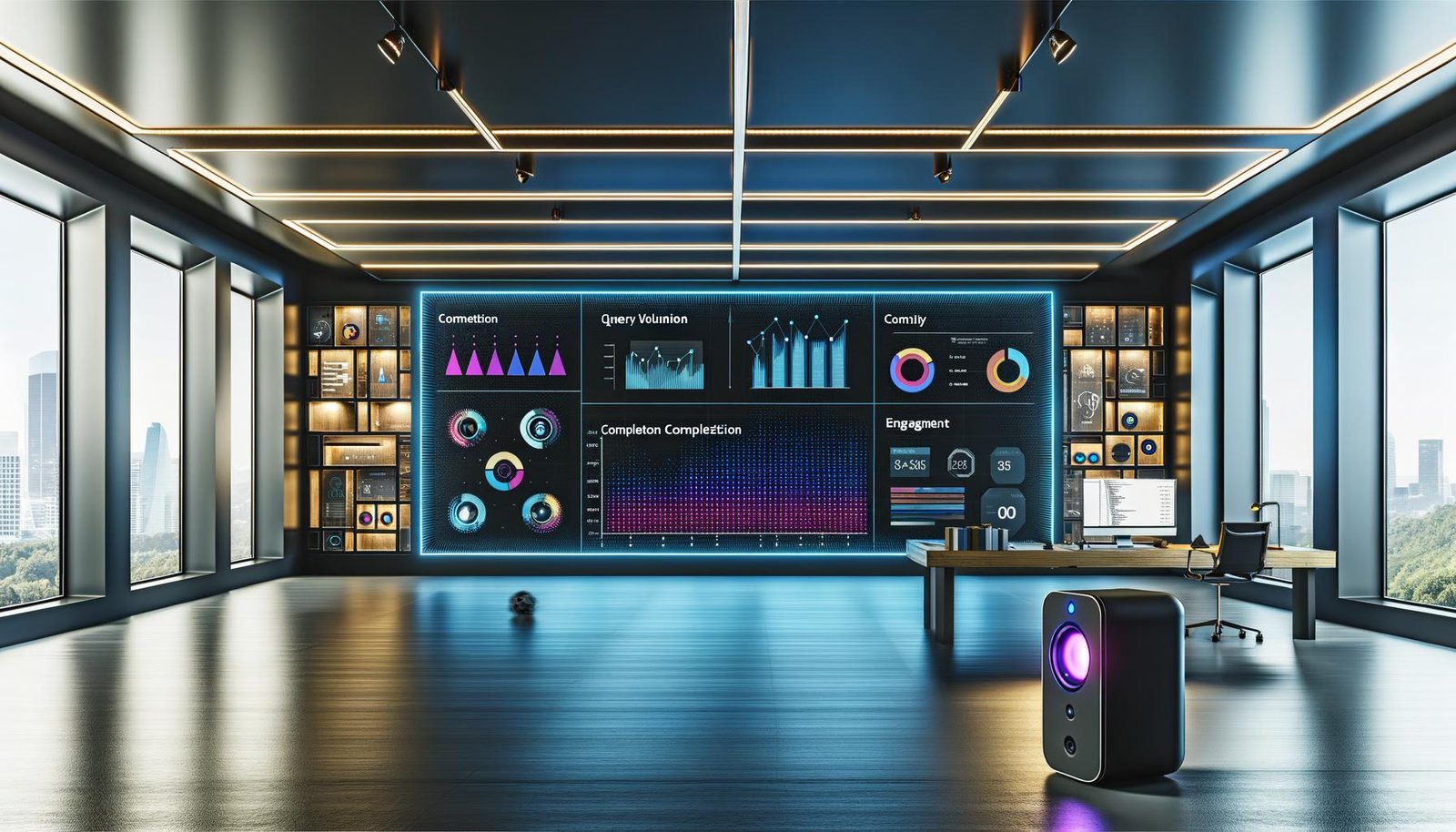 Modernes Dashboard zeigt Voice Analytics-Daten auf einem großen Bildschirm in einem dunklen Tech-Arbeitsbereich mit Smart Speakern und einem Laptop.