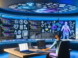 Stylisierte Hightech-Arbeitsumgebung mit Datenanalyst vor einem modernen Monitor und Jupyter Query Interface, umgeben von Datenbank- und Cloud-Icons.