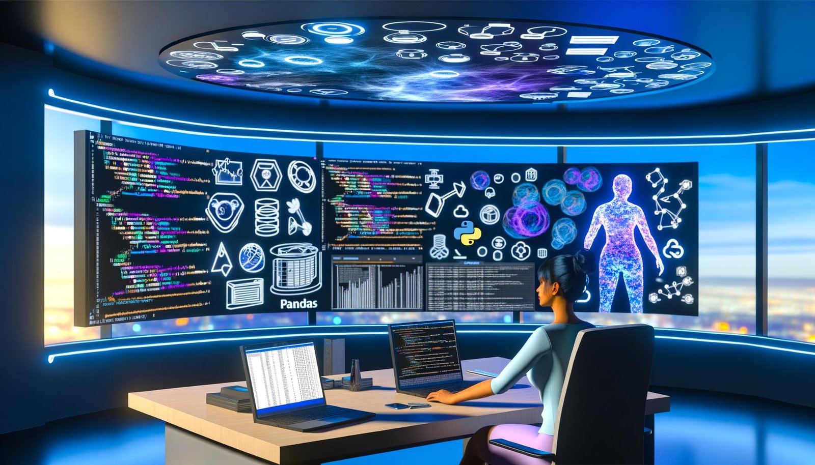Stylisierte Hightech-Arbeitsumgebung mit Datenanalyst vor einem modernen Monitor und Jupyter Query Interface, umgeben von Datenbank- und Cloud-Icons.