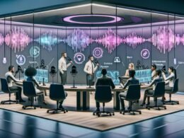 Futuristischer Arbeitsplatz mit Team an Mikrofonen, großen Displays mit Sprachwellen und KI-gestützten Speech-to-Text-Tools im Einsatz