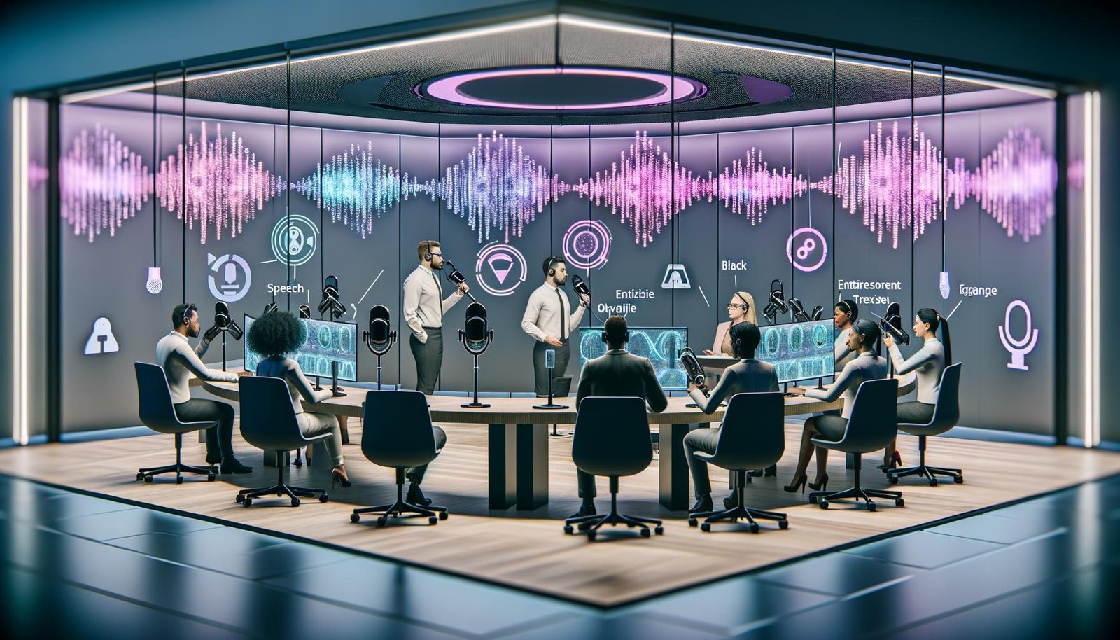 Futuristischer Arbeitsplatz mit Team an Mikrofonen, großen Displays mit Sprachwellen und KI-gestützten Speech-to-Text-Tools im Einsatz