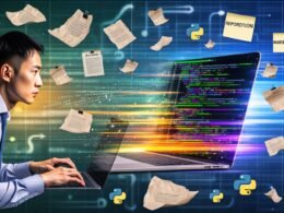 Person arbeitet an einem futuristischen Arbeitsplatz mit offenem Jupyter Notebook, Python-Code, Datenvisualisierungen und digitalen Workflows, während alte Papiere verblassen