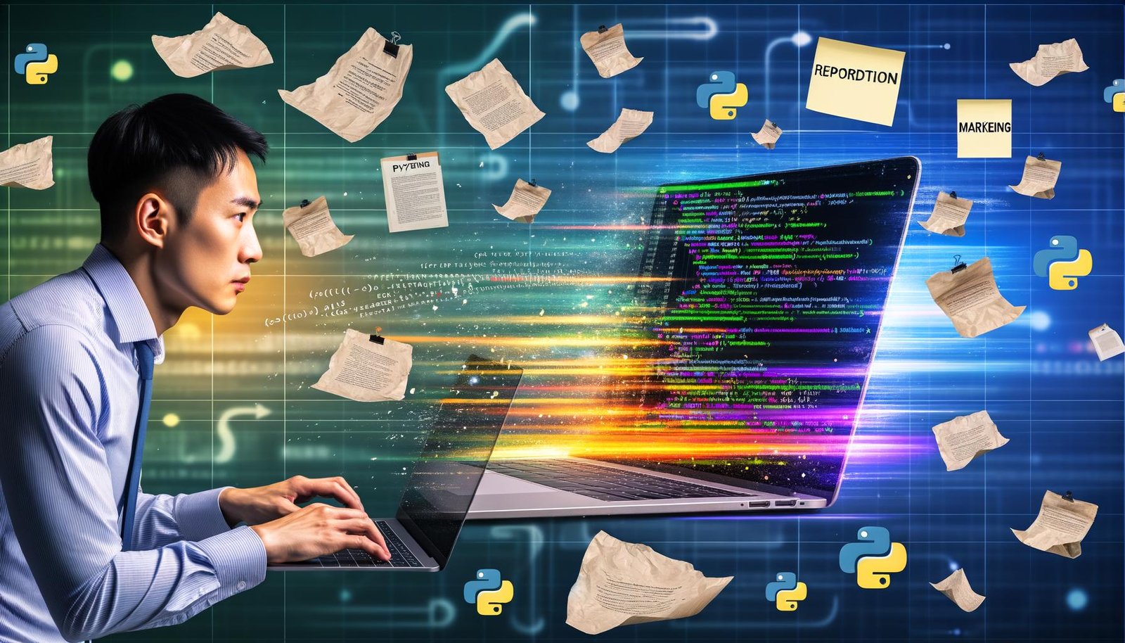 Person arbeitet an einem futuristischen Arbeitsplatz mit offenem Jupyter Notebook, Python-Code, Datenvisualisierungen und digitalen Workflows, während alte Papiere verblassen