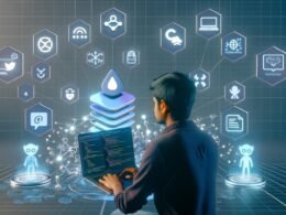 Junger Entwickler an Laptop mit GitHub Pages Logo, umgeben von holographischen GitHub Actions, Social-Media-Icons und automatisierten Deployments in moderner, kühler Büro-Atmosphäre.