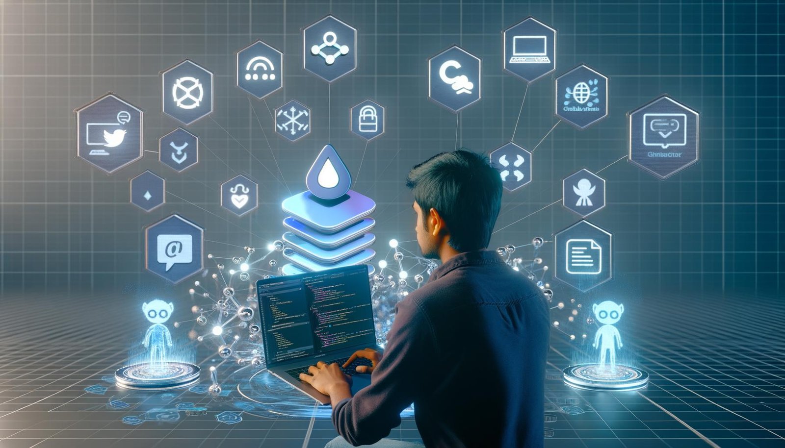 Junger Entwickler an Laptop mit GitHub Pages Logo, umgeben von holographischen GitHub Actions, Social-Media-Icons und automatisierten Deployments in moderner, kühler Büro-Atmosphäre.