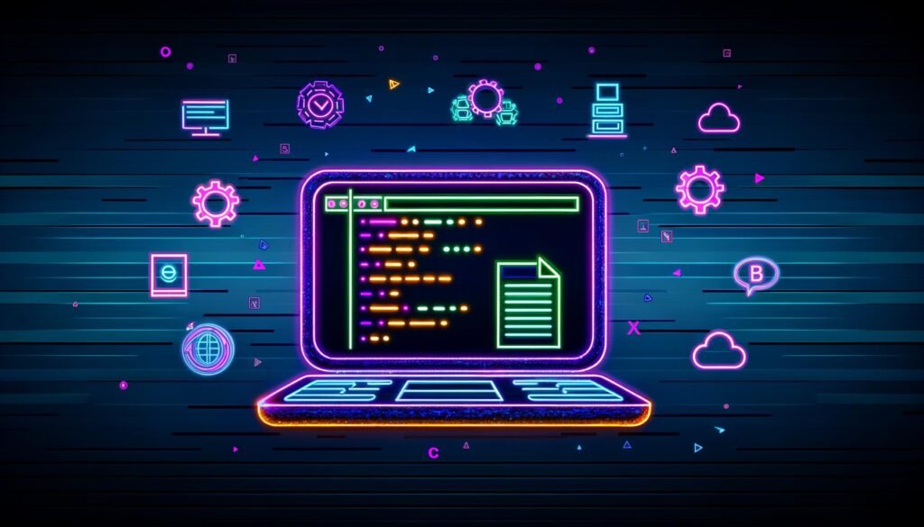 Farbintensive Illustration eines modernen Jupyter Notebook Arbeitsplatzes mit Code, automatisierungs- und sicherheitssymbolen im Hintergrund