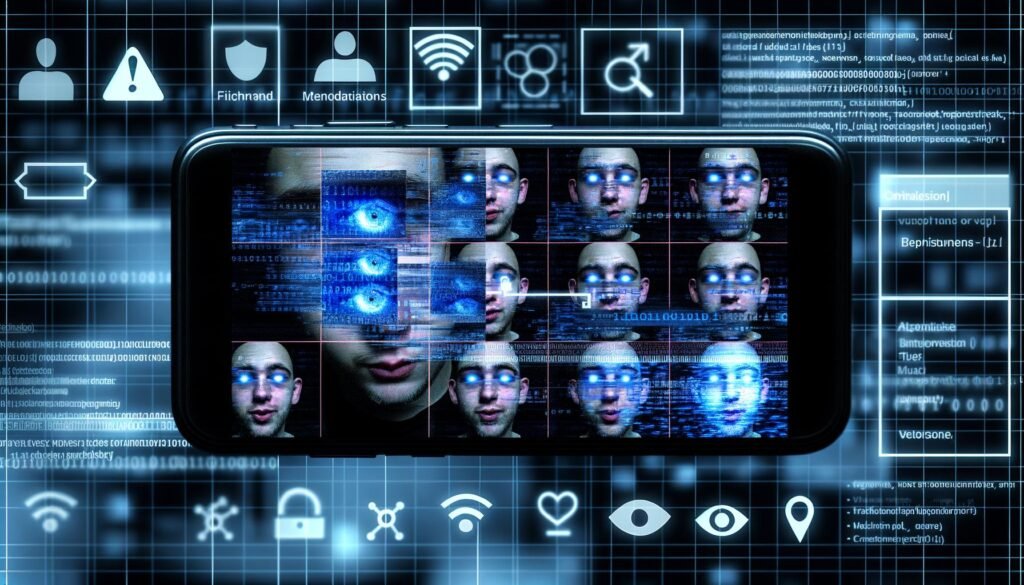 Surreale, düstere Nahaufnahme eines Smartphones mit der TikTok-App, überlagert von algorithmischen Mustern, digitalen Filterschleiern und Symbolen für Überwachung und Zensur.