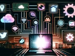 Dark-Mode-Collage zeigt geöffneten Laptop mit GitHub-Repository, bunte Datenströme zu Social-Media-Symbolen, technische Umrahmung durch YAML-Files, API-Tokens, Zahnräder und .github/workflows-Ordner, im Hintergrund eine stilisierte Stadt-Silhouette.