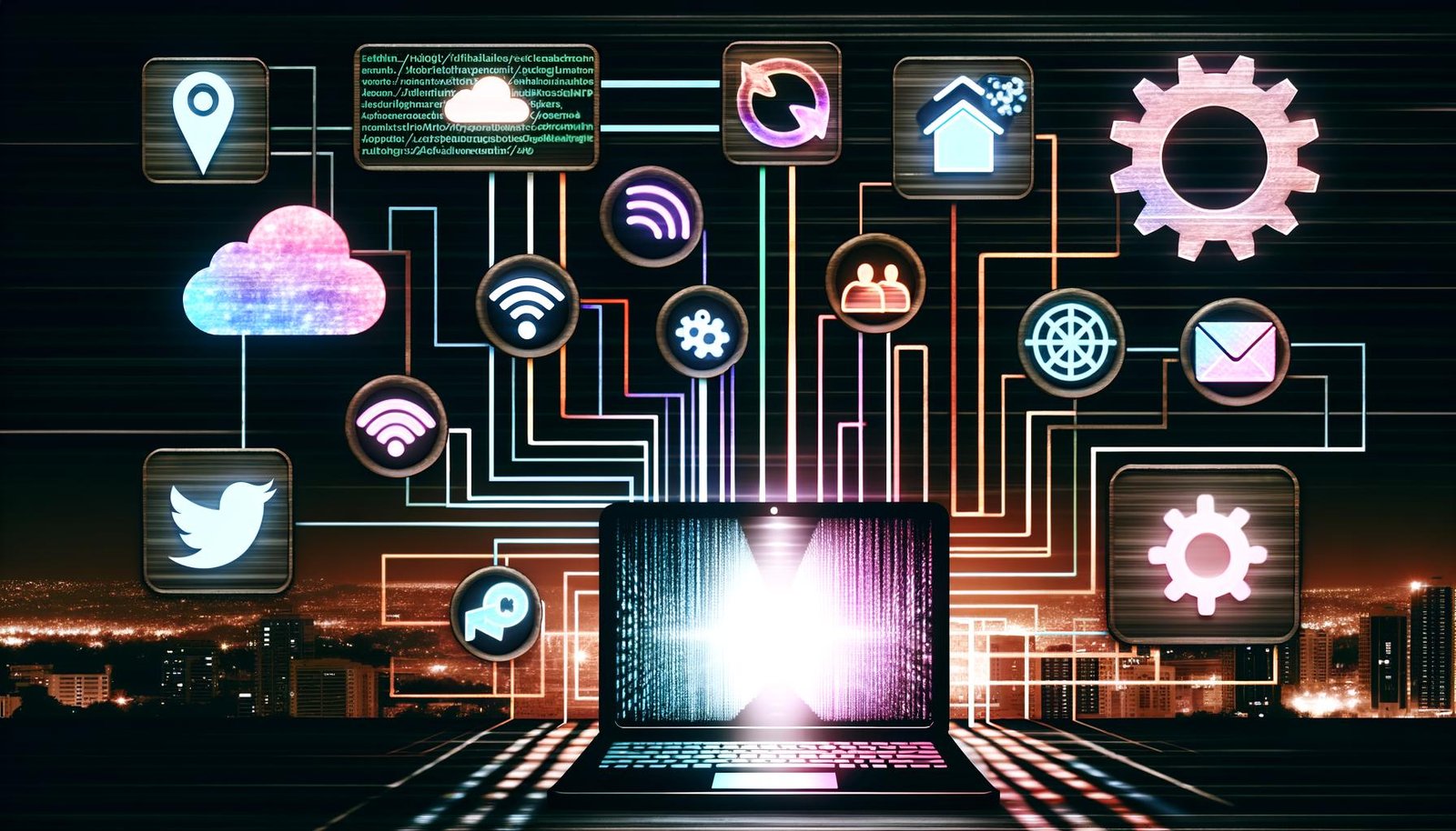 Dark-Mode-Collage zeigt geöffneten Laptop mit GitHub-Repository, bunte Datenströme zu Social-Media-Symbolen, technische Umrahmung durch YAML-Files, API-Tokens, Zahnräder und .github/workflows-Ordner, im Hintergrund eine stilisierte Stadt-Silhouette.