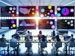 Marketing-Team in modernem Büro, das auf Laptops bunte Jupyter Notebooks mit Diagrammen, Code und Dashboards betrachtet; digitaler Workflow und Dashboard im Vordergrund.